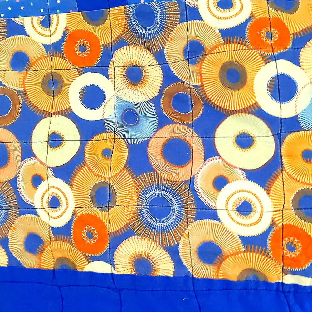 Royal Blue and Red Patchwork Quilt 48x57 Grandma dinosaurs flowers polka dots